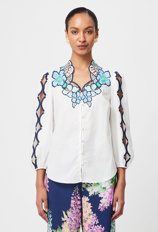 Cristina Embroidered Cotton Blouse in Ivory Bay