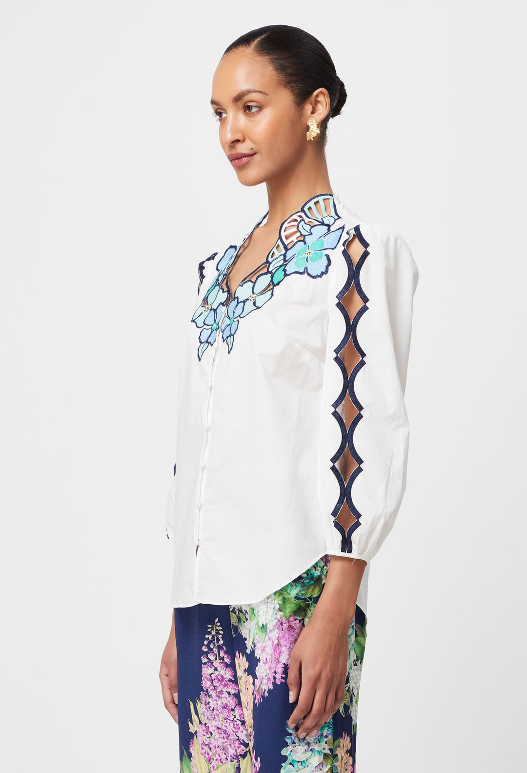 Cristina Embroidered Cotton Blouse in Ivory Bay