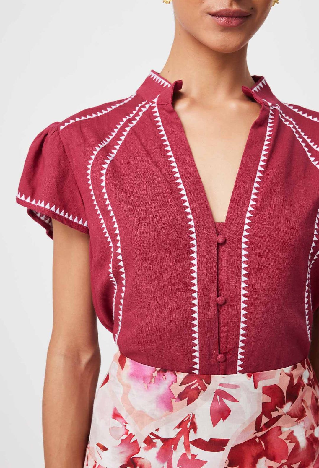 OnceWas Carlyle Embroidered Linen Viscose Top in Crimson