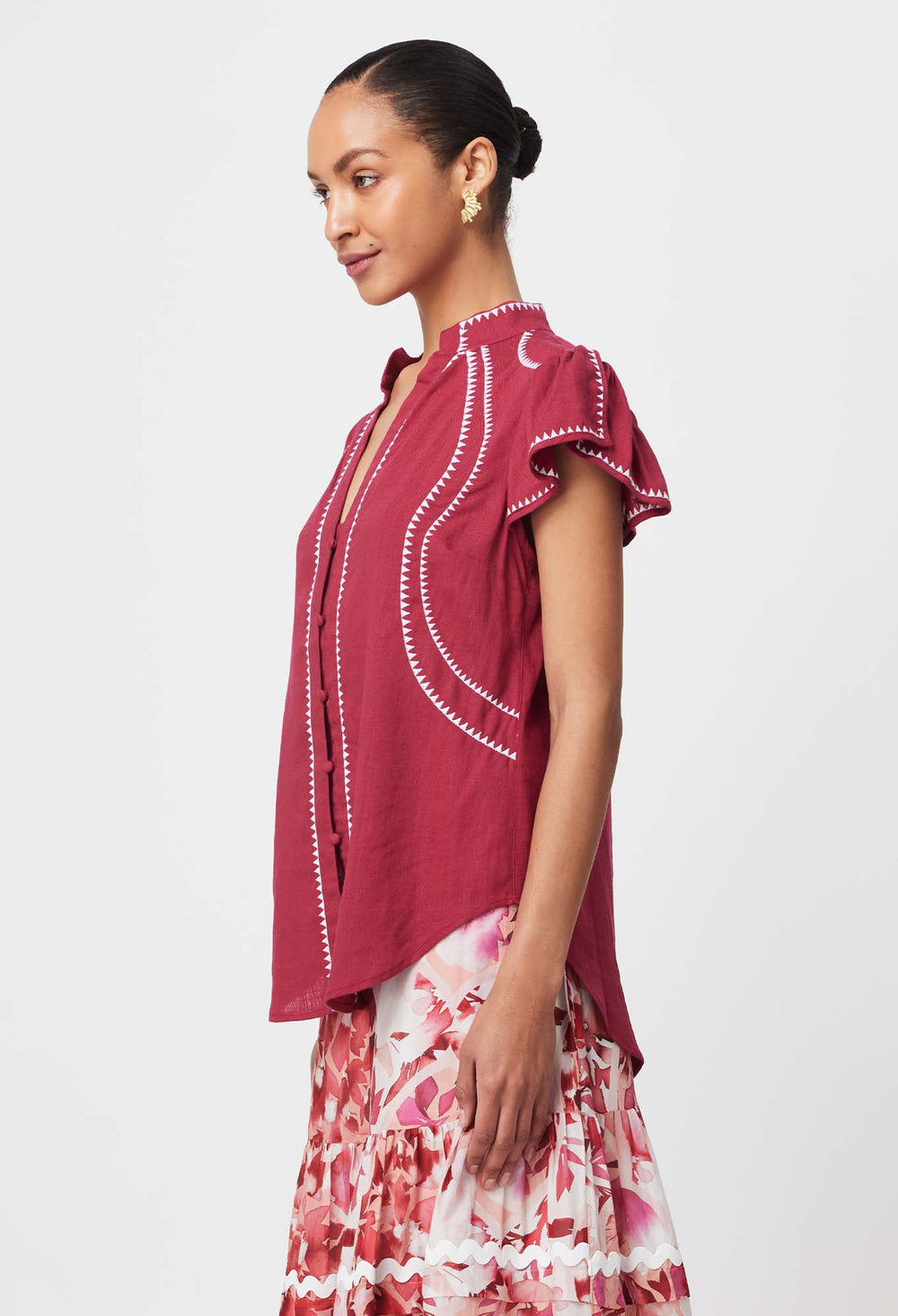 OnceWas Carlyle Embroidered Linen Viscose Top in Crimson