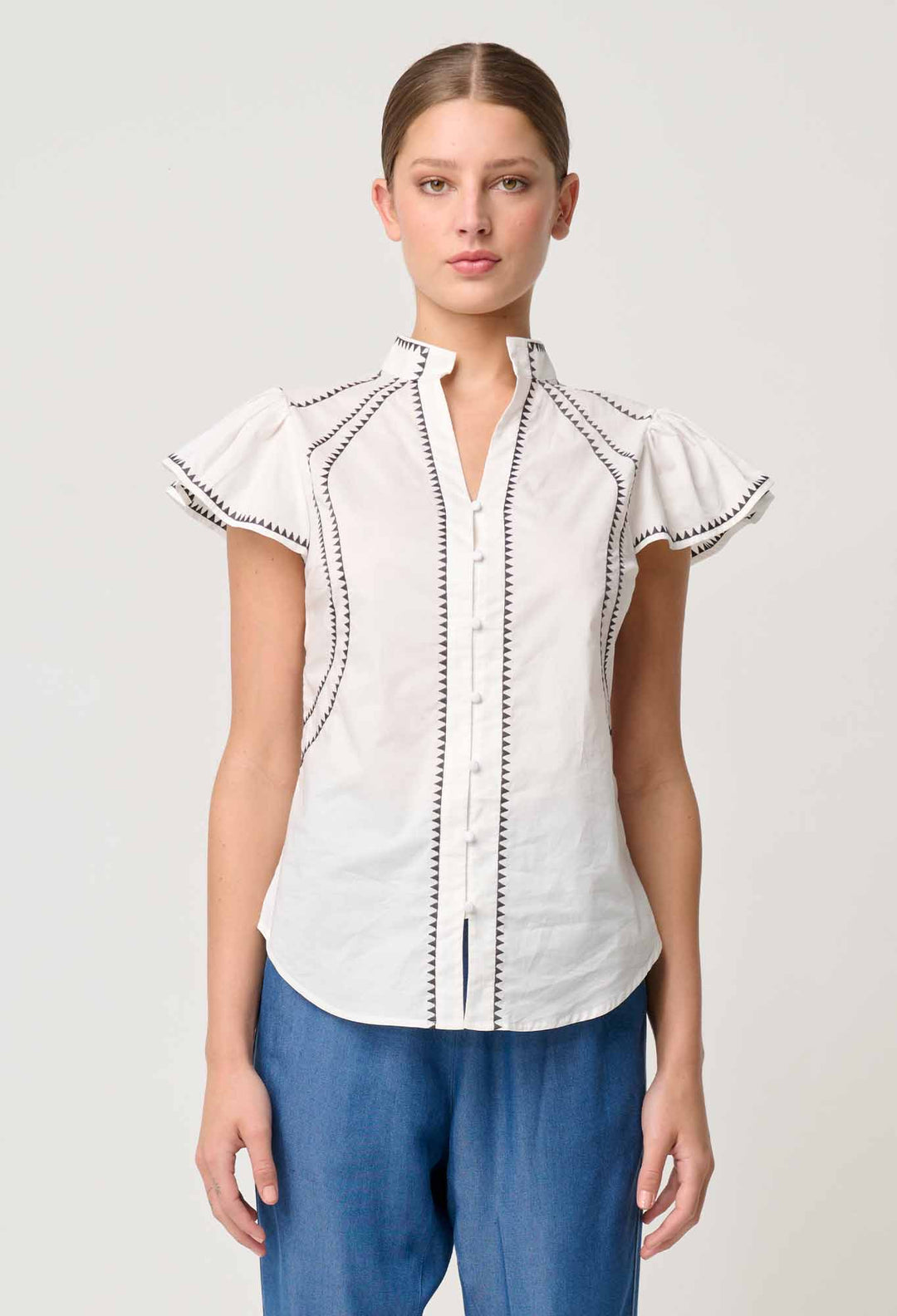 OnceWas Carlyle Embroidered Cotton Voile Top in Ivory