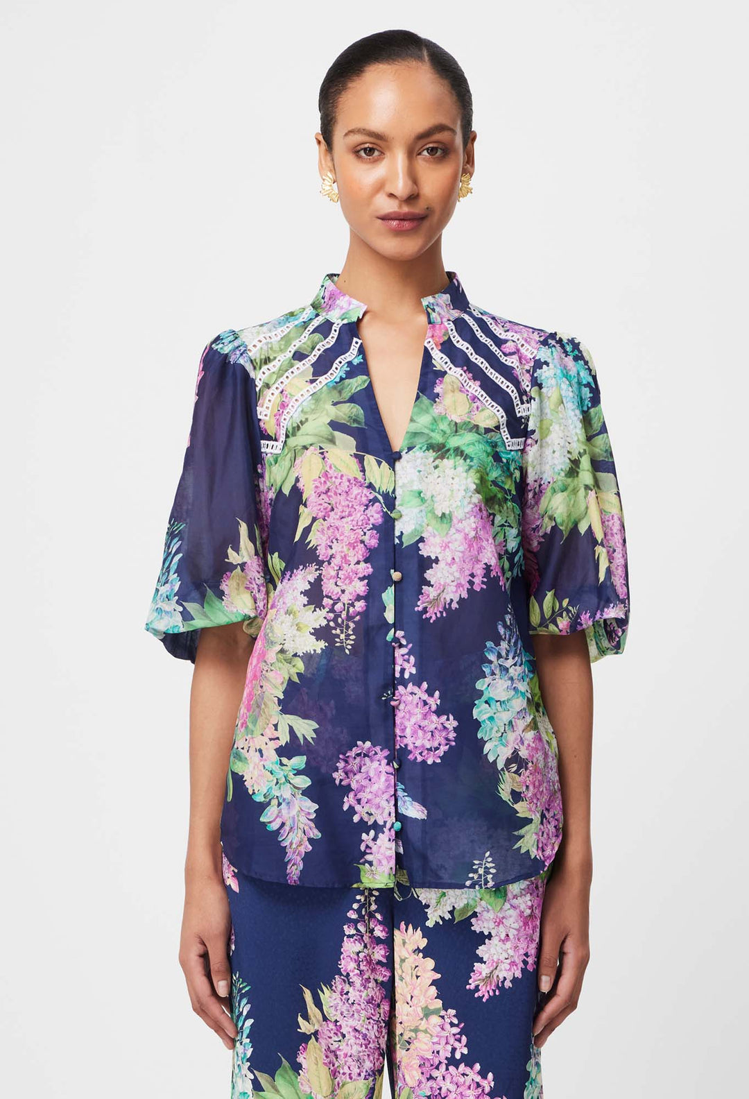 Bahia Embroidered Cotton Silk Top in Navy Wisteria