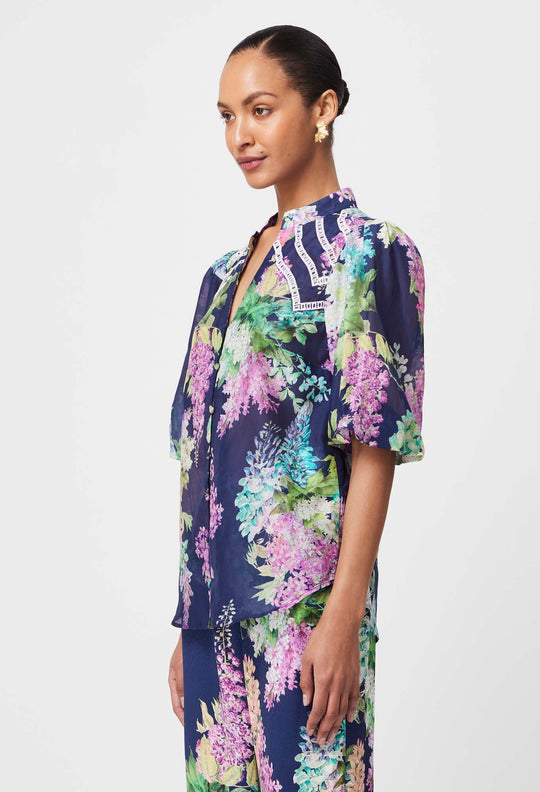 Bahia Embroidered Cotton Silk Top in Navy Wisteria