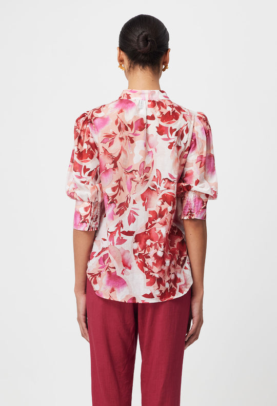 OnceWas Sanibel Embroidered Cotton Silk Top in Flamingo Flower