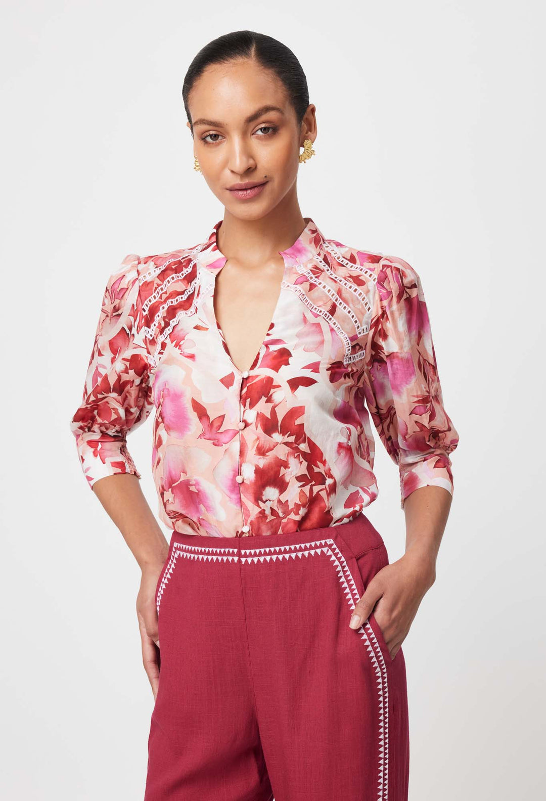 OnceWas Sanibel Embroidered Cotton Silk Top in Flamingo Flower