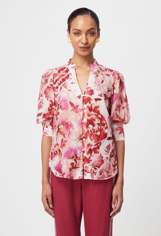 OnceWas Sanibel Embroidered Cotton Silk Top in Flamingo Flower