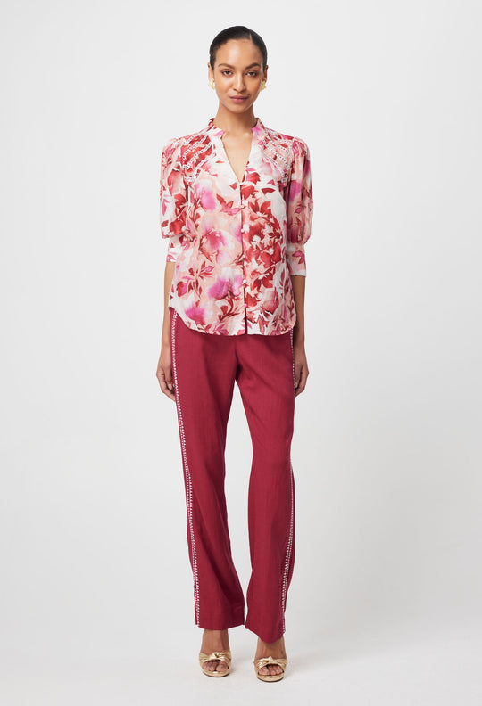 OnceWas Sanibel Embroidered Cotton Silk Top in Flamingo Flower