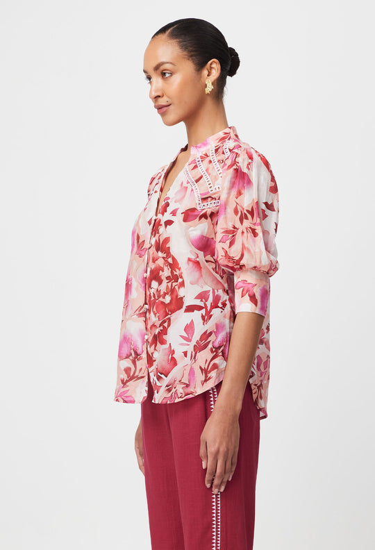 OnceWas Sanibel Embroidered Cotton Silk Top in Flamingo Flower