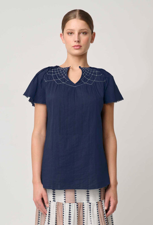 OnceWas St Lucia Cotton Self Stripe Smocked Top in Ink