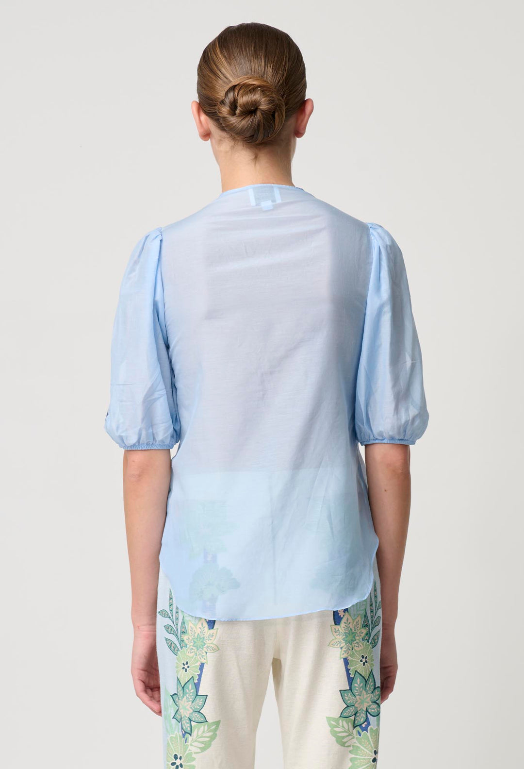 OnceWas Martinique Cotton Silk Embroidered Top in Sky