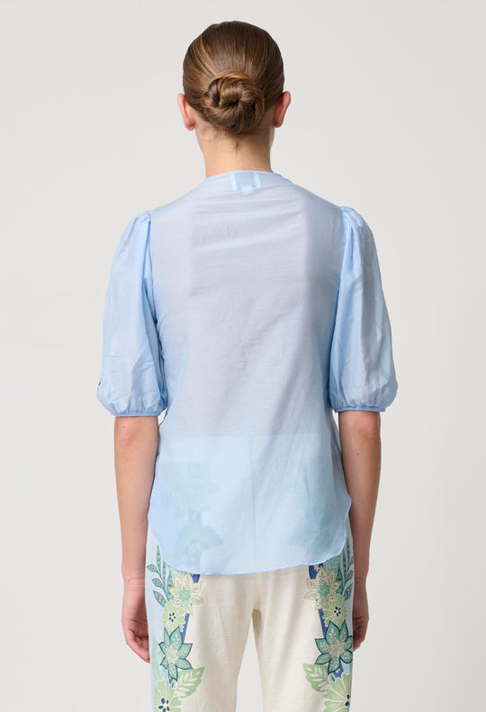 Martinique Cotton Silk Embroidered Top in Sky