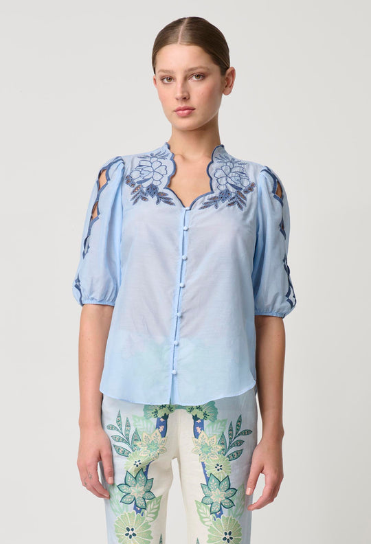 OnceWas Martinique Cotton Silk Embroidered Top in Sky