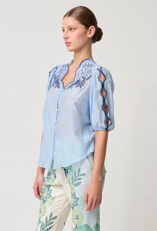 OnceWas Martinique Cotton Silk Embroidered Top in Sky