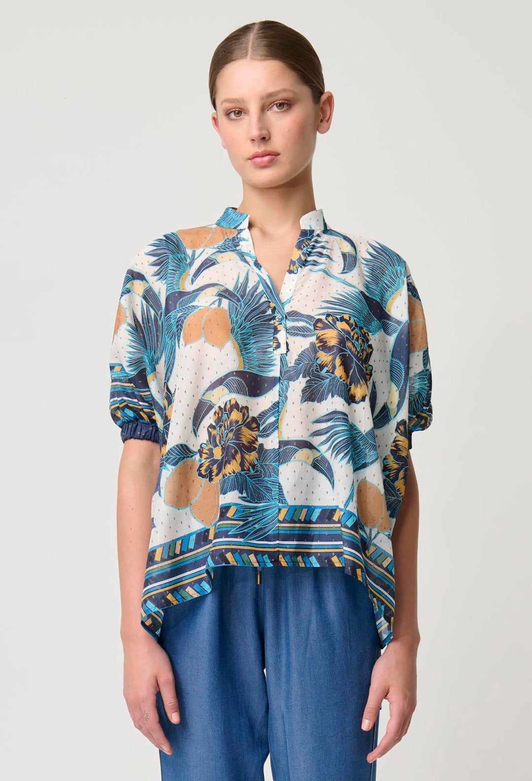 Kimona Cotton Silk Scarf Hem Top in Tukano Print