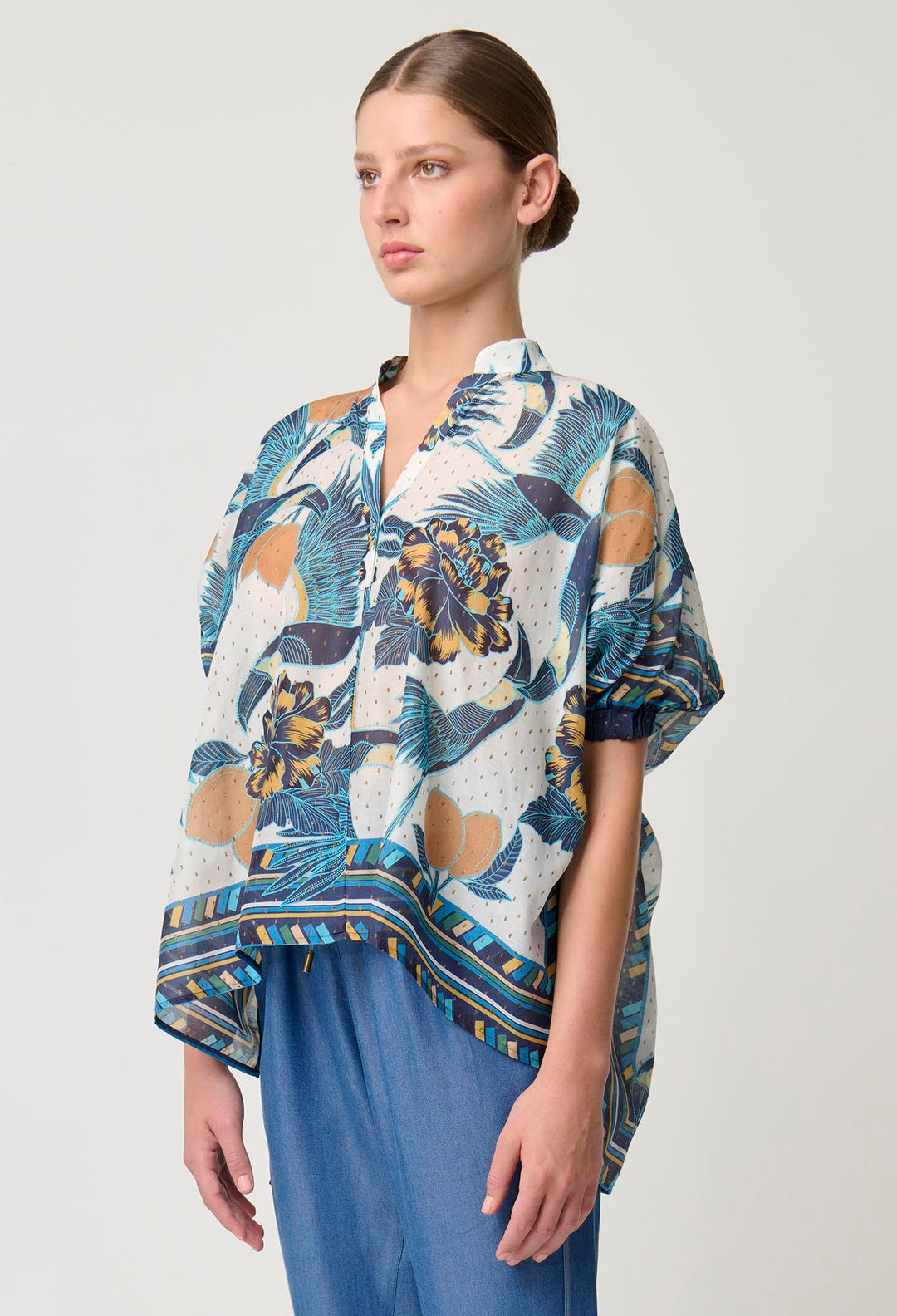 Kimona Cotton Silk Scarf Hem Top in Tukano Print