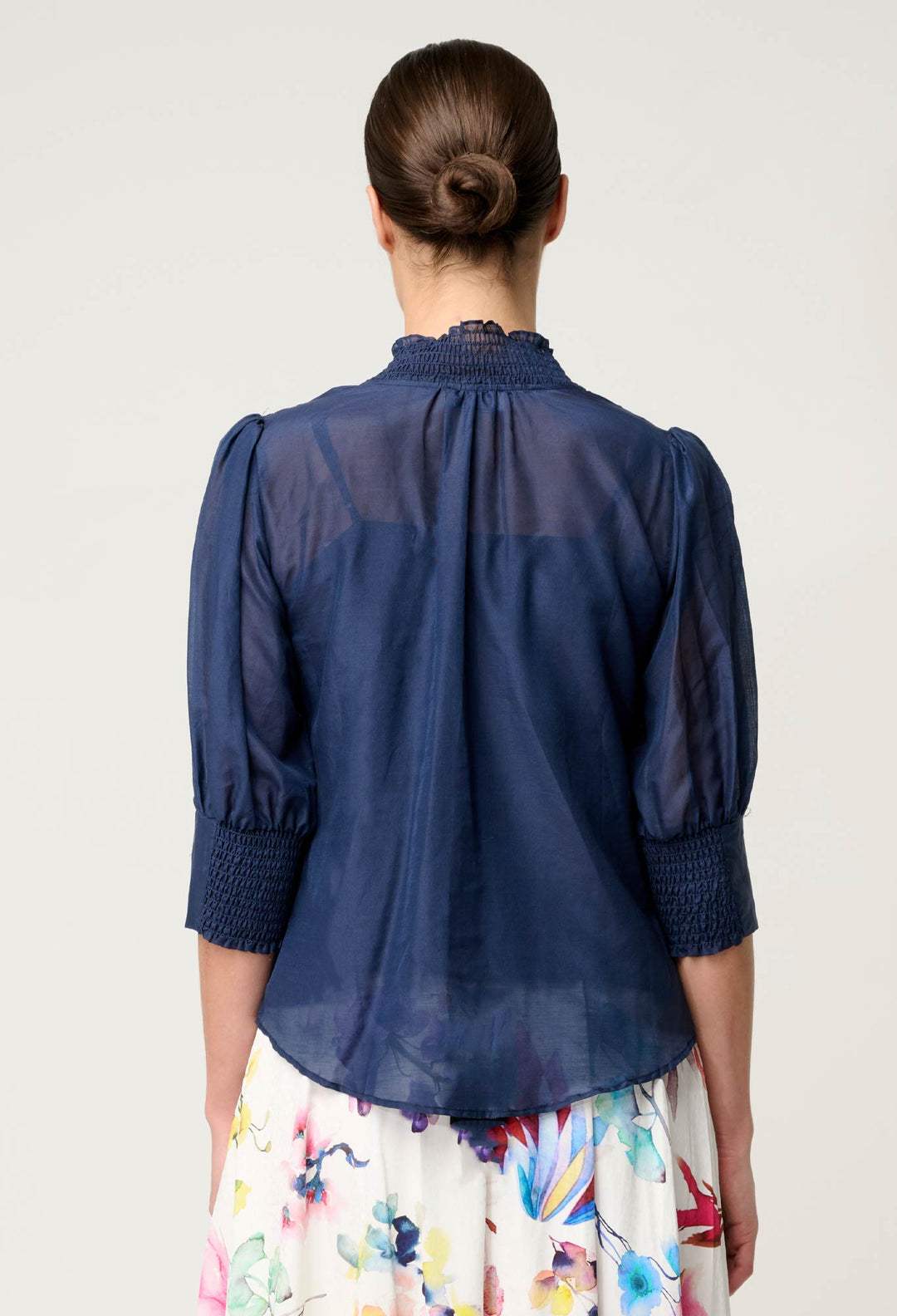 OnceWas Penelope Cotton Silk Shirred Collar Blouse in Midnight Blue