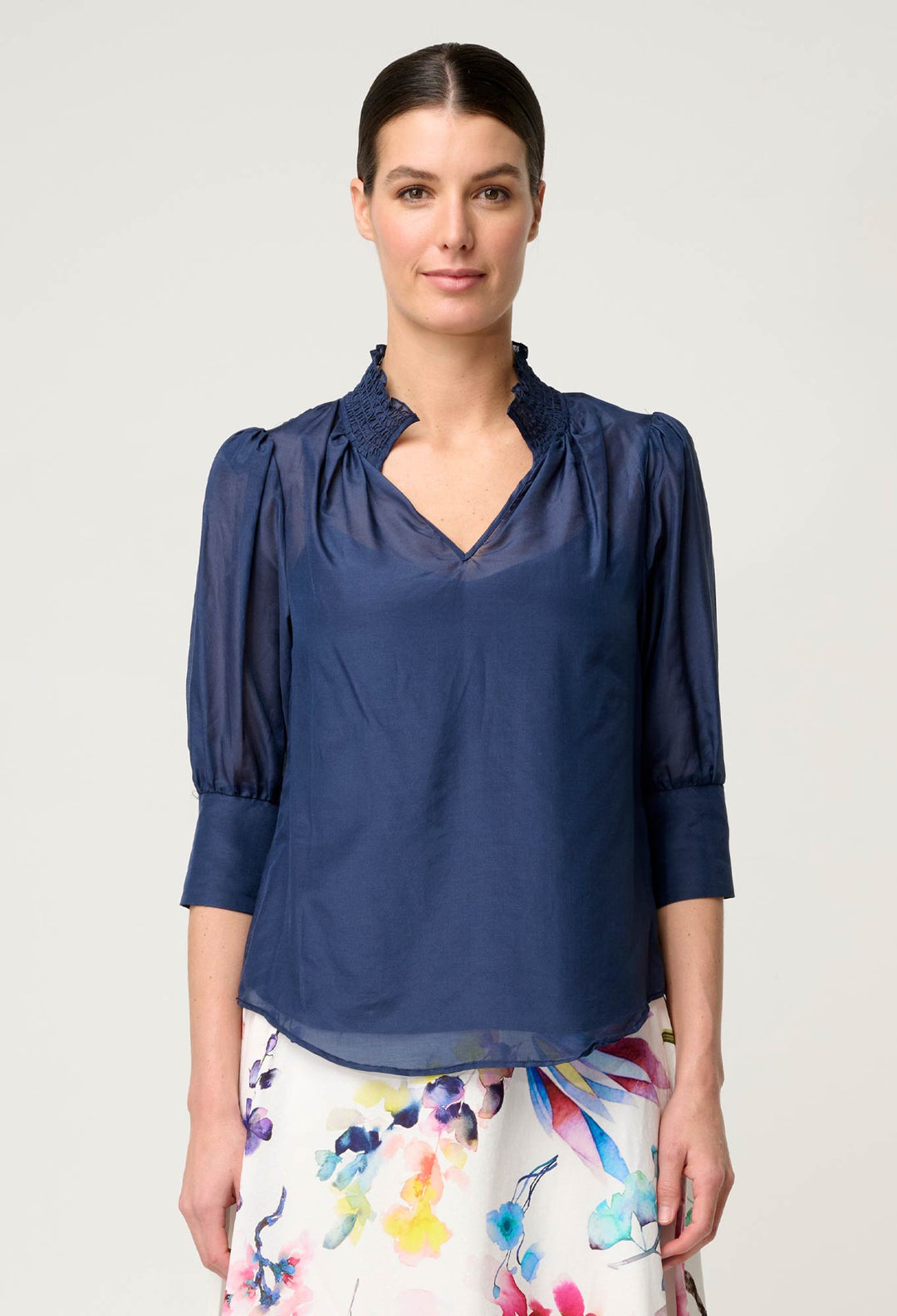 OnceWas Penelope Cotton Silk Shirred Collar Blouse in Midnight Blue