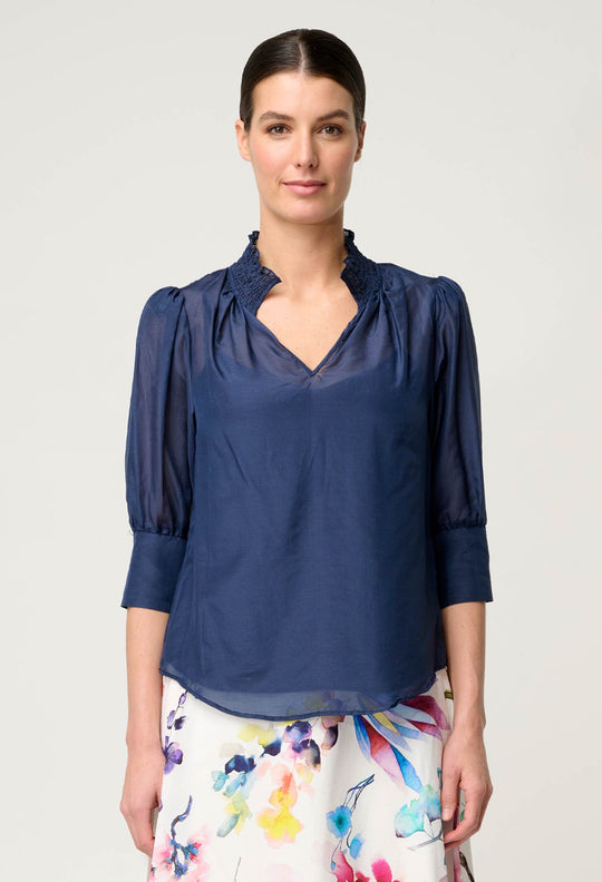 OnceWas Penelope Cotton Silk Shirred Collar Blouse in Midnight Blue