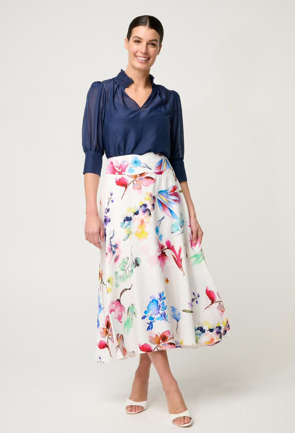 OnceWas Penelope Cotton Silk Shirred Collar Blouse in Midnight Blue