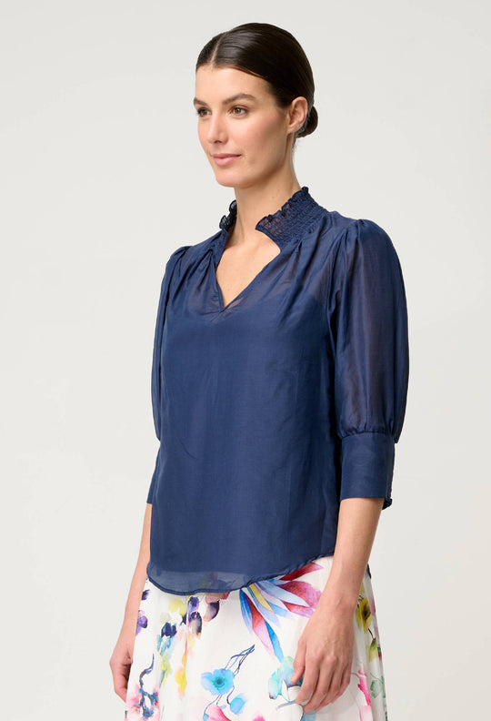 OnceWas Penelope Cotton Silk Shirred Collar Blouse in Midnight Blue