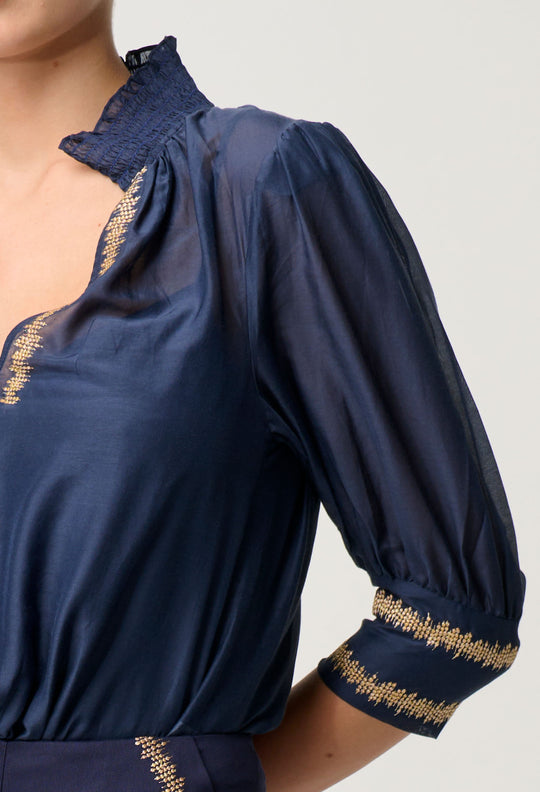 OnceWas Mustique Cotton Silk Embroidered Blouse in Ink