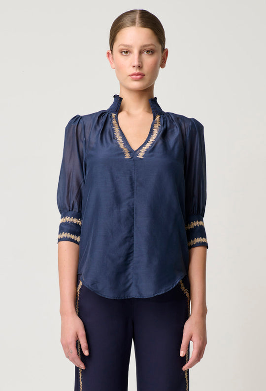 OnceWas Mustique Cotton Silk Embroidered Blouse in Ink