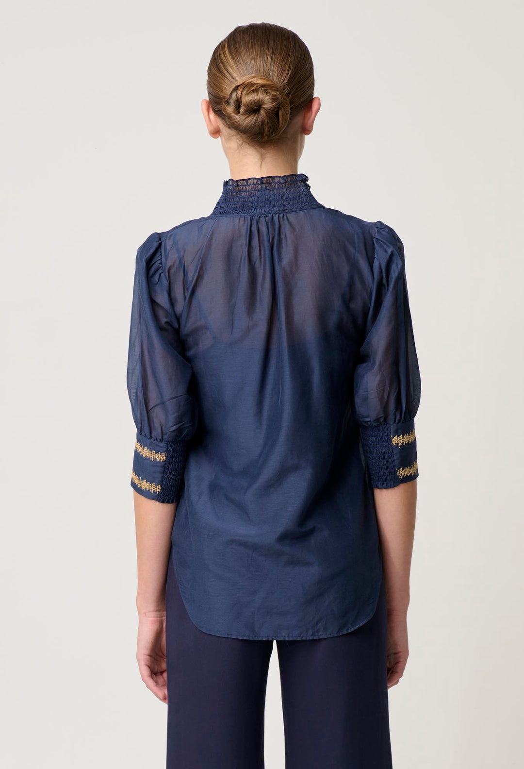 Mustique Cotton Silk Embroidered Blouse in Ink