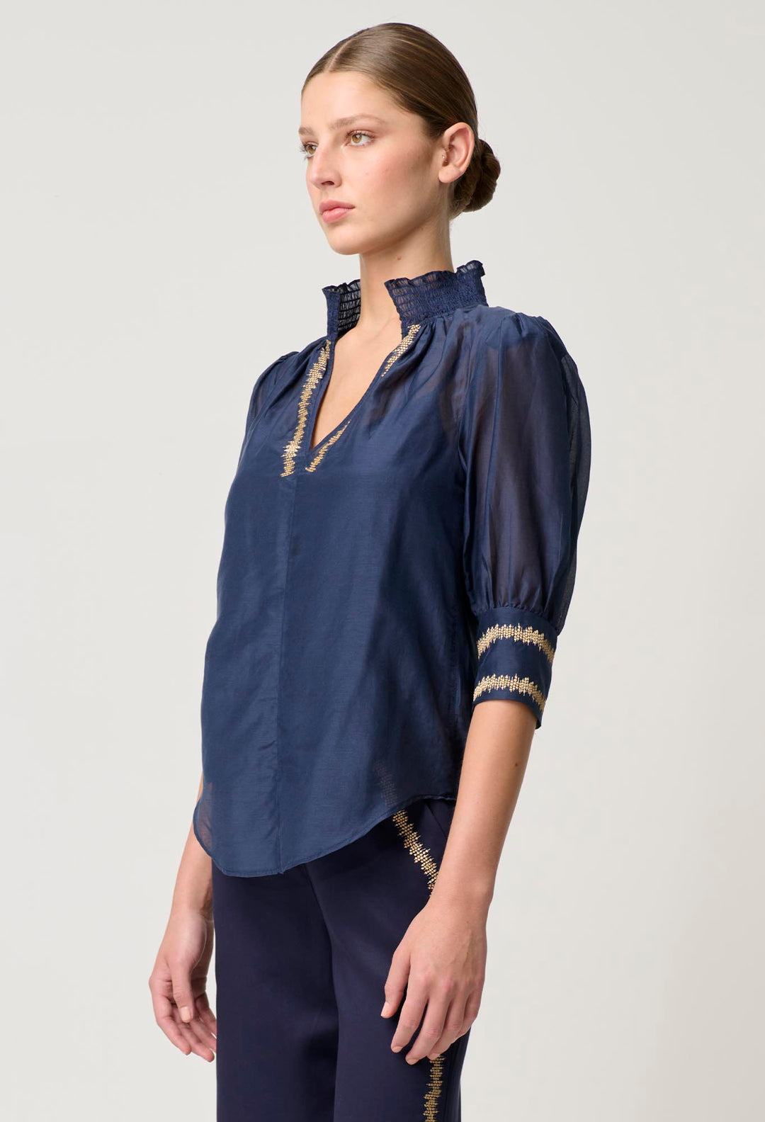 OnceWas Mustique Cotton Silk Embroidered Blouse in Ink