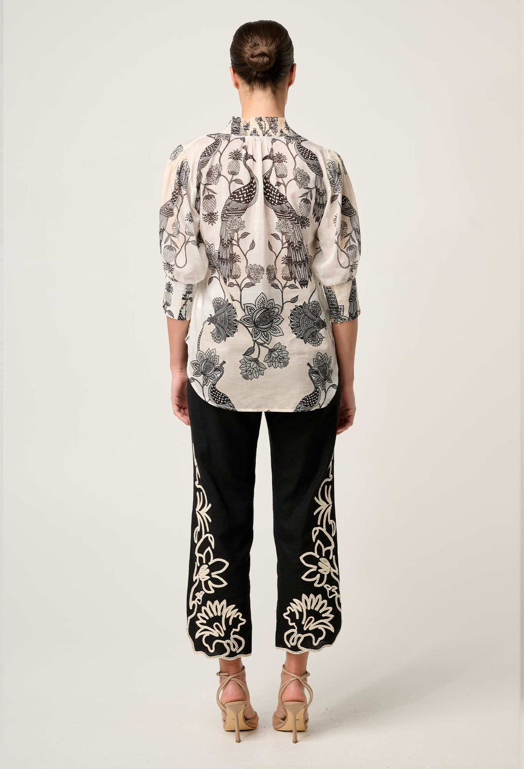 OnceWas Oleander Cotton Silk Shirred Blouse in Imperial Stone