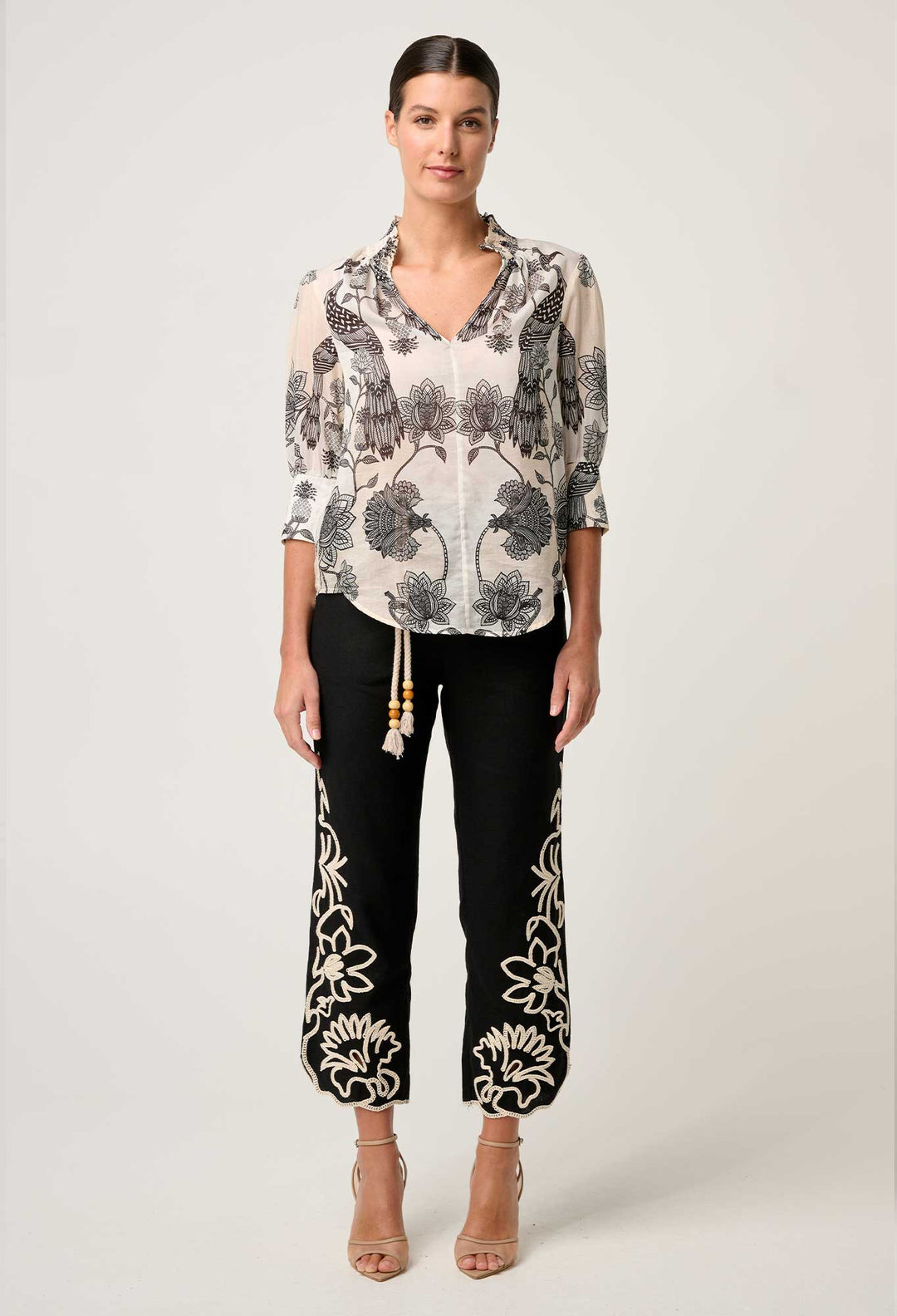 OnceWas Oleander Cotton Silk Shirred Blouse in Imperial Stone