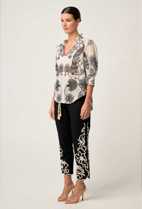 OnceWas Oleander Cotton Silk Shirred Blouse in Imperial Stone