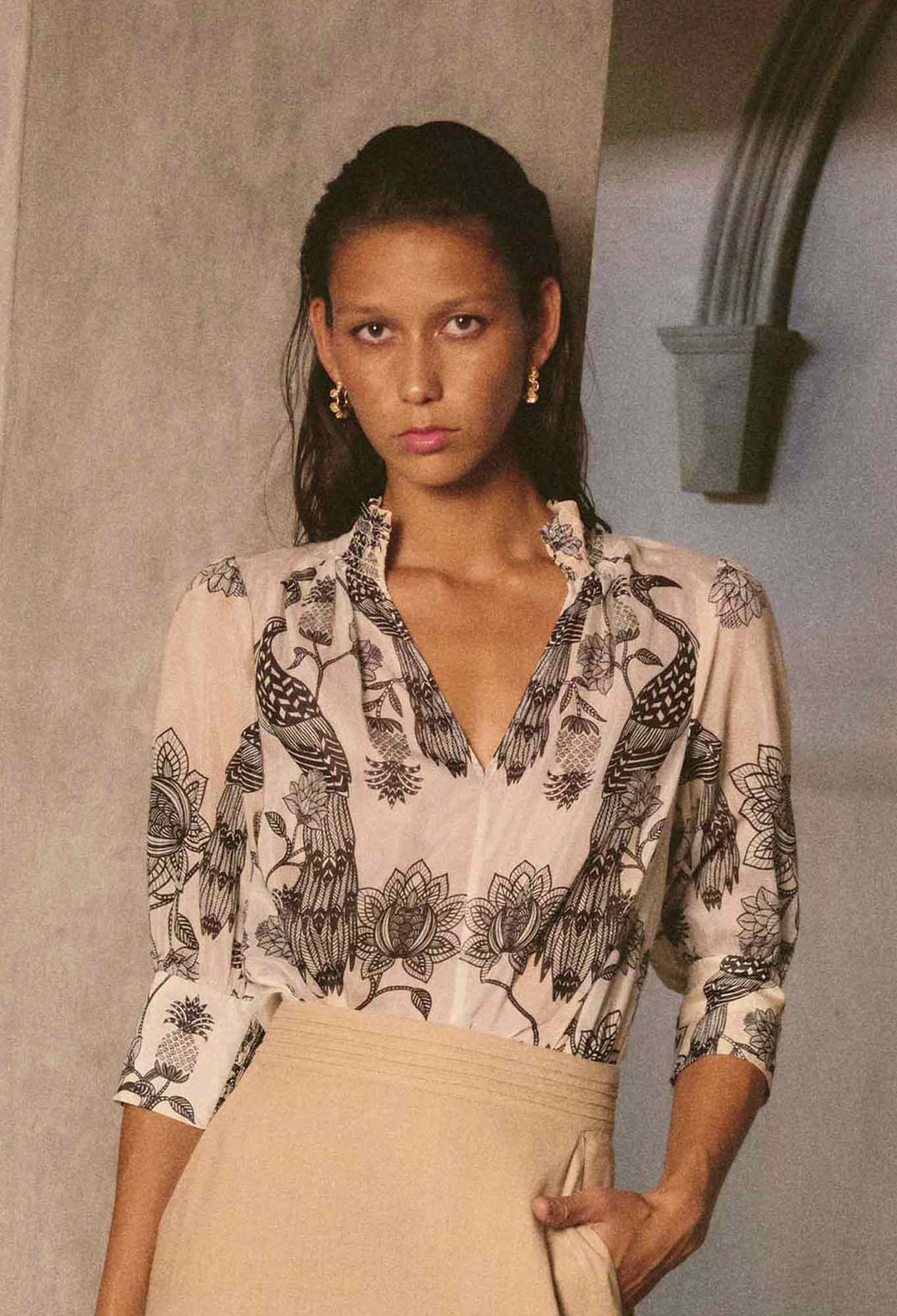 OnceWas Oleander Cotton Silk Shirred Blouse in Imperial Stone