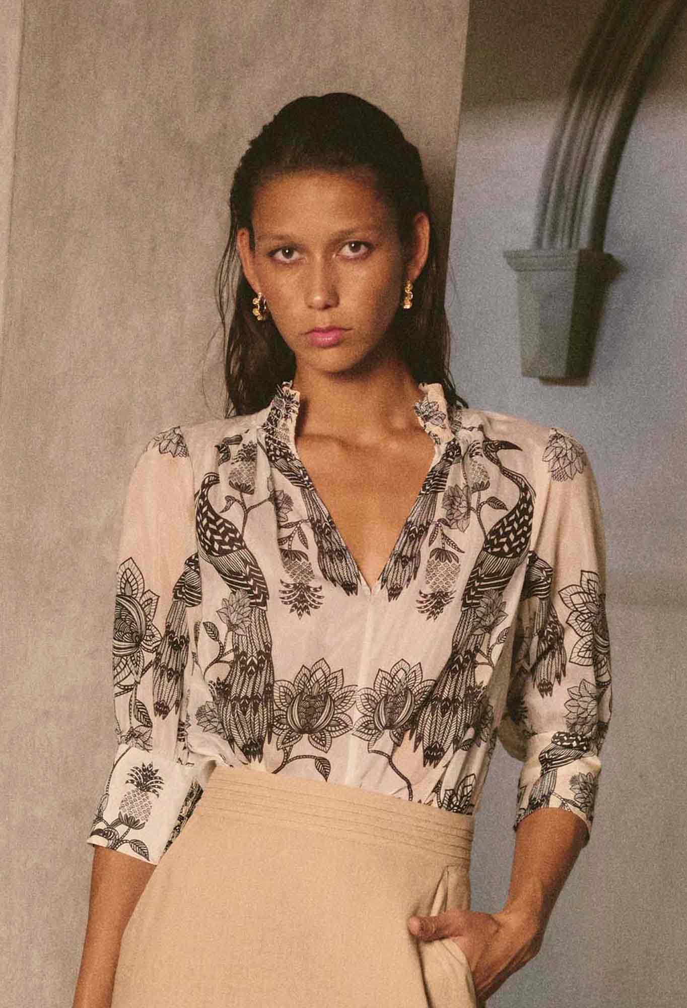 OnceWas Oleander Cotton Silk Shirred Blouse in Imperial Stone