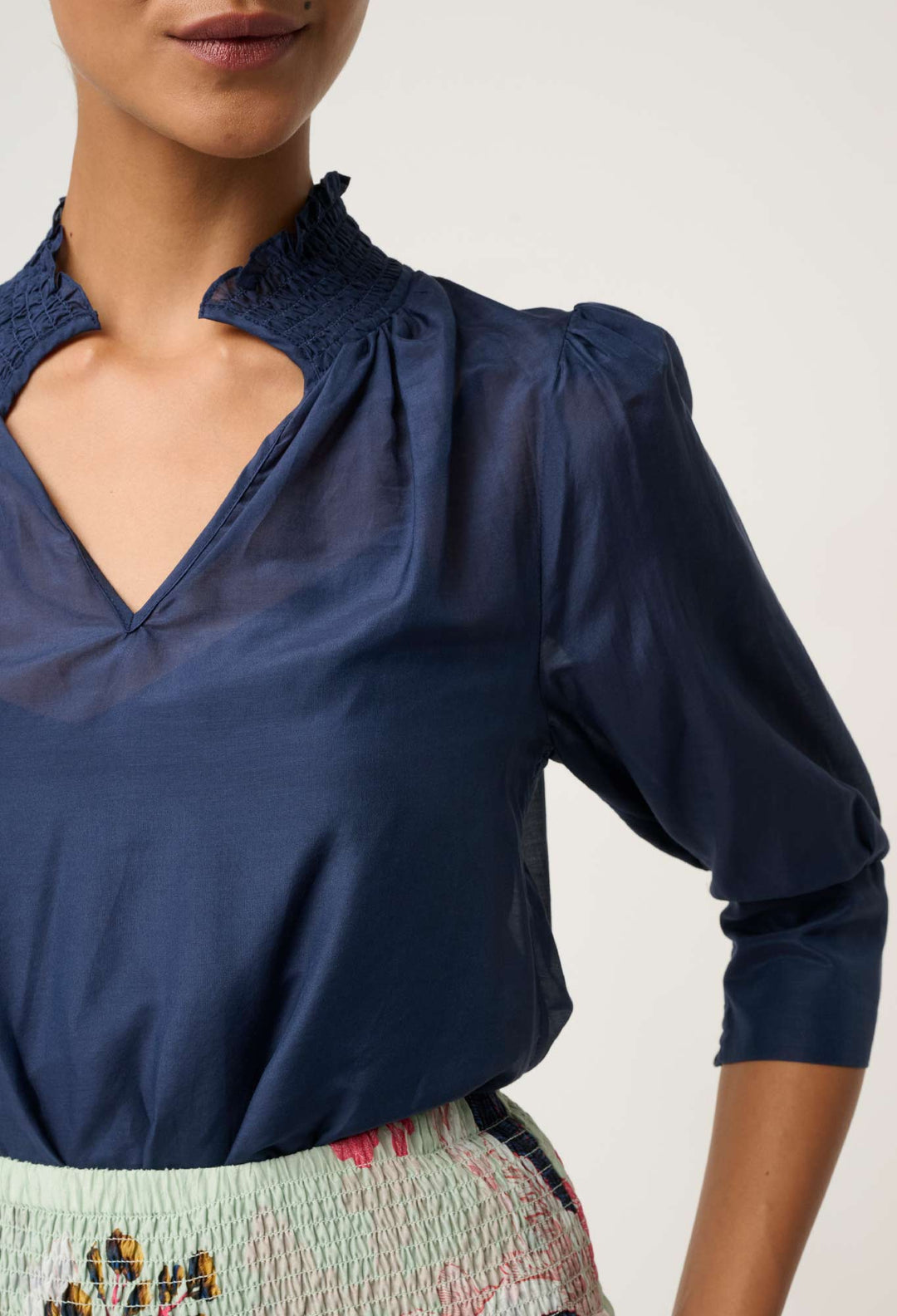 Penelope Cotton Silk Shirred Collar Blouse in Midnight Blue