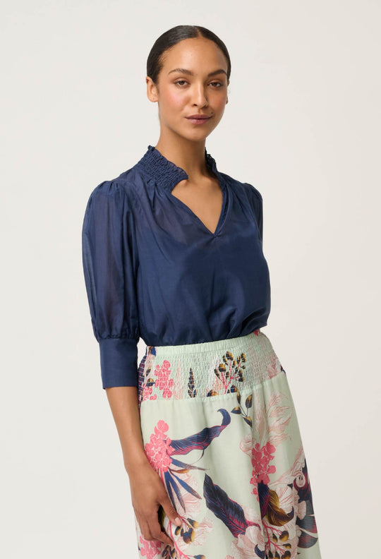 Penelope Cotton Silk Shirred Collar Blouse in Midnight Blue