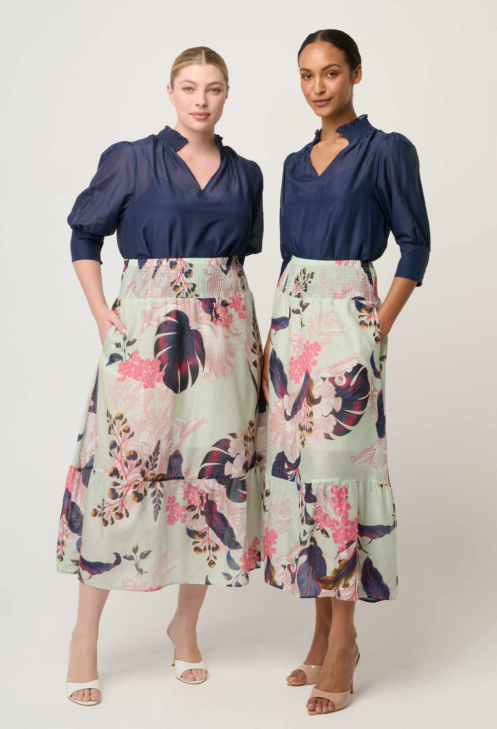 Penelope Cotton Silk Shirred Collar Blouse in Midnight Blue