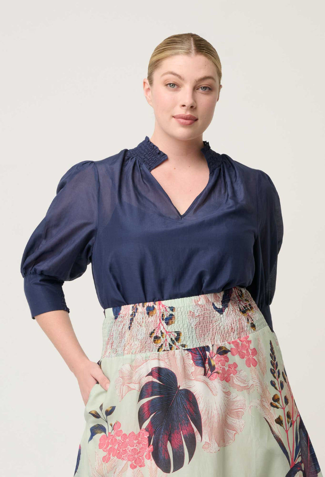 Penelope Cotton Silk Shirred Collar Blouse in Midnight Blue