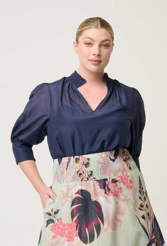 Penelope Cotton Silk Shirred Collar Blouse in Midnight Blue