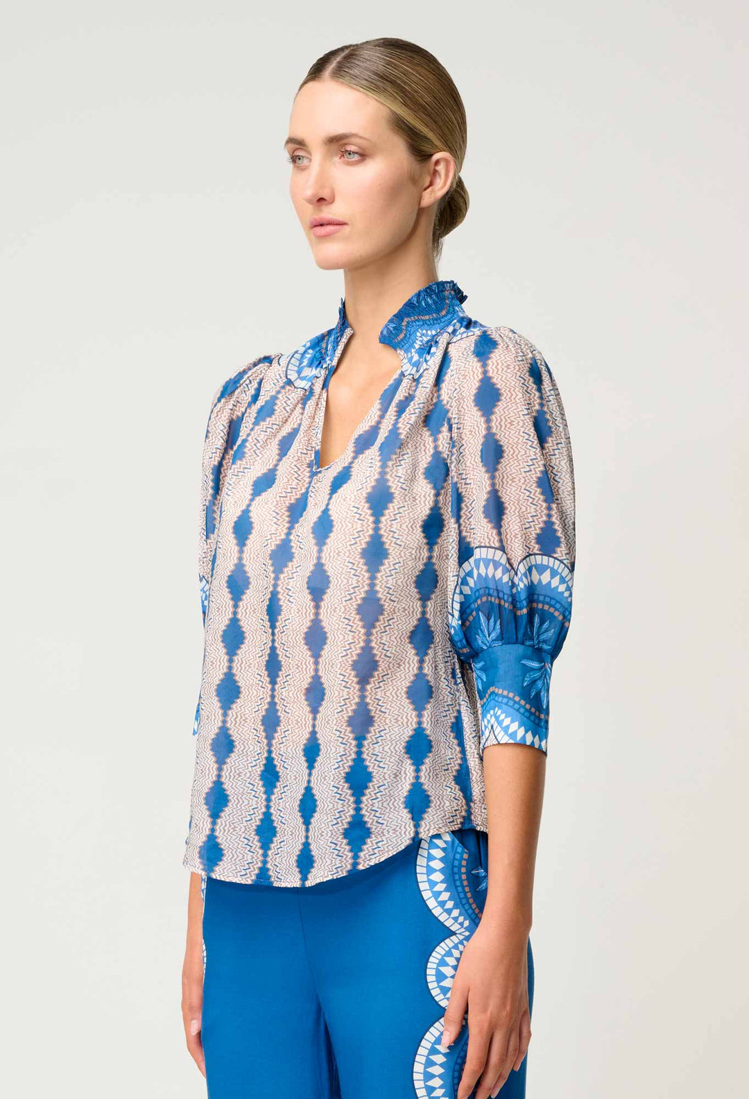 OnceWas Oleander Cotton Silk Blouse in Marrakech Topaz