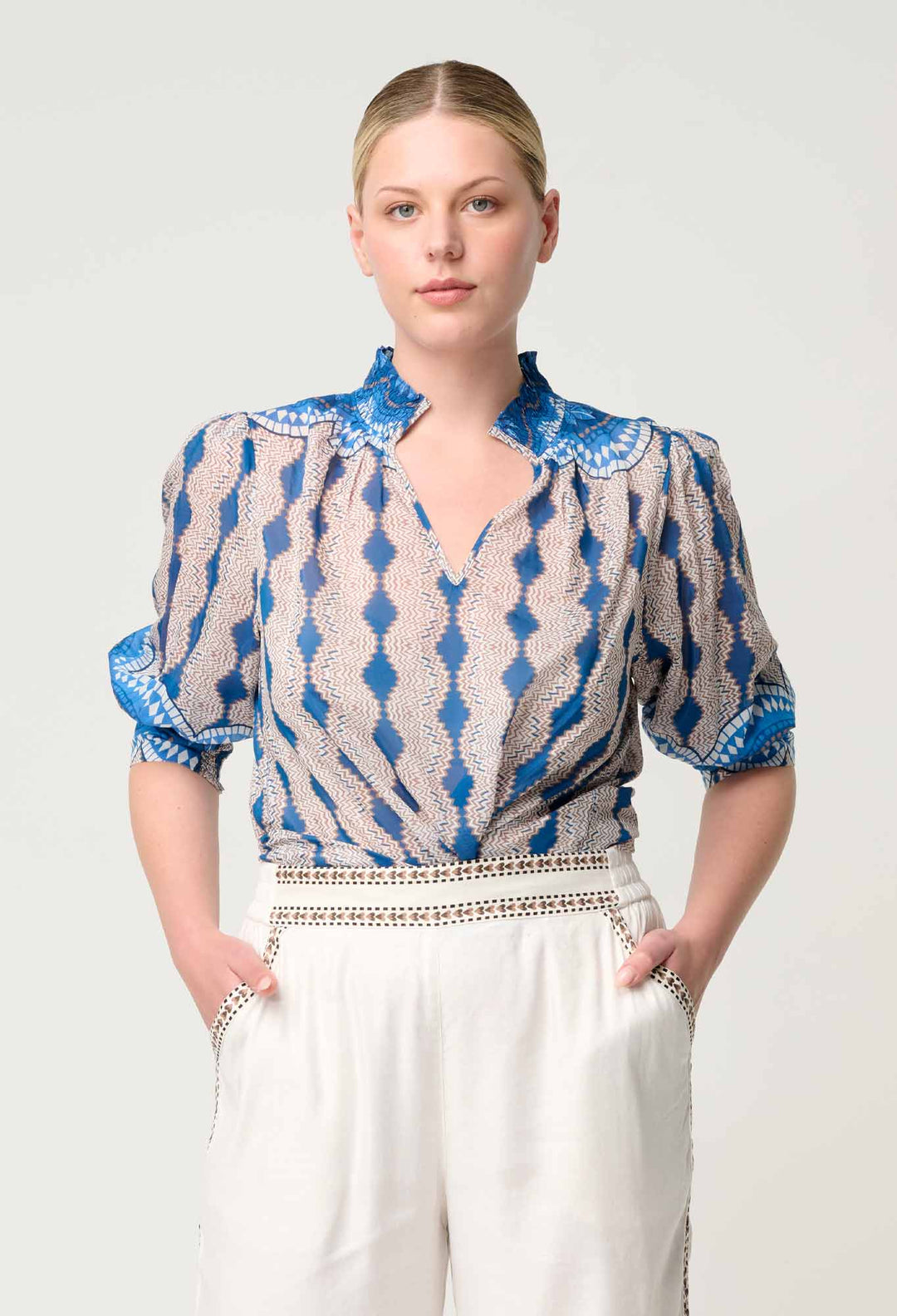 OnceWas Oleander Cotton Silk Blouse in Marrakech Topaz