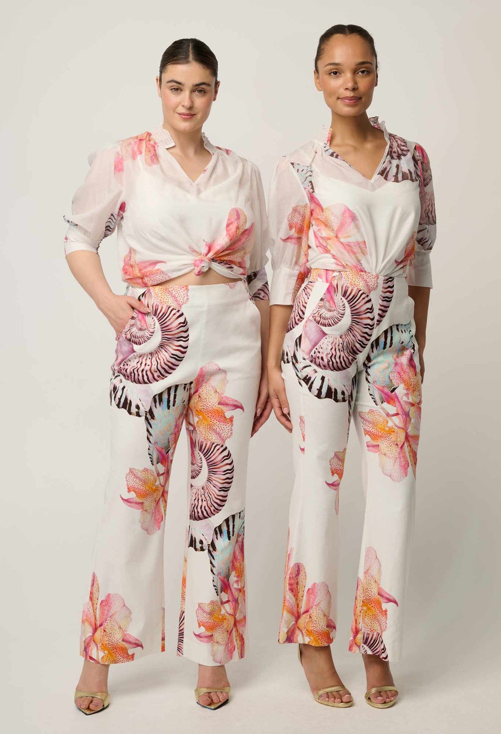 Oleander Cotton Silk Shirred Blouse in Nautilus Bloom