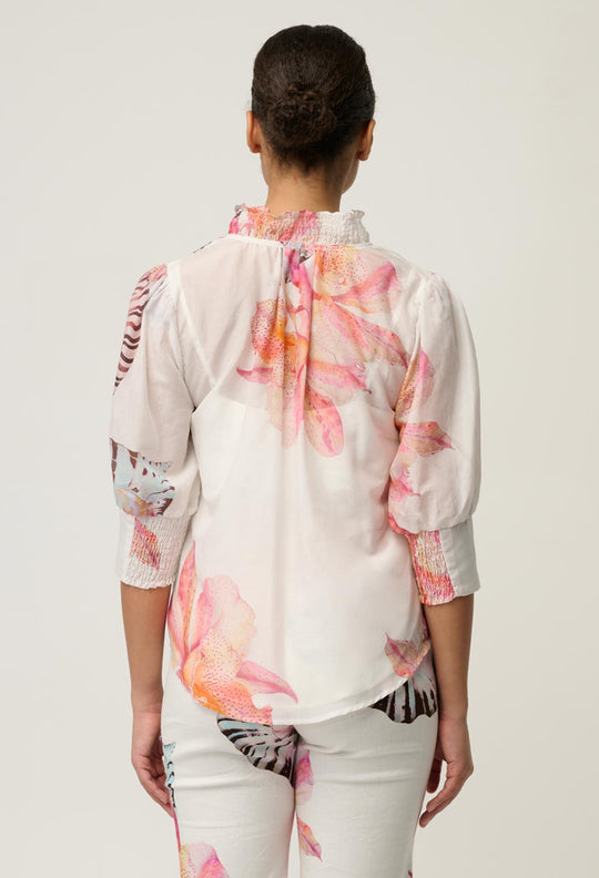 Oleander Cotton Silk Shirred Blouse in Nautilus Bloom