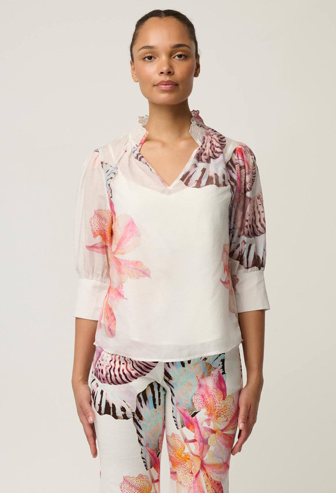 Oleander Cotton Silk Shirred Blouse in Nautilus Bloom