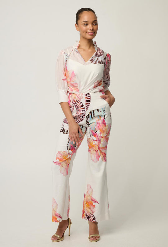 Oleander Cotton Silk Shirred Blouse in Nautilus Bloom