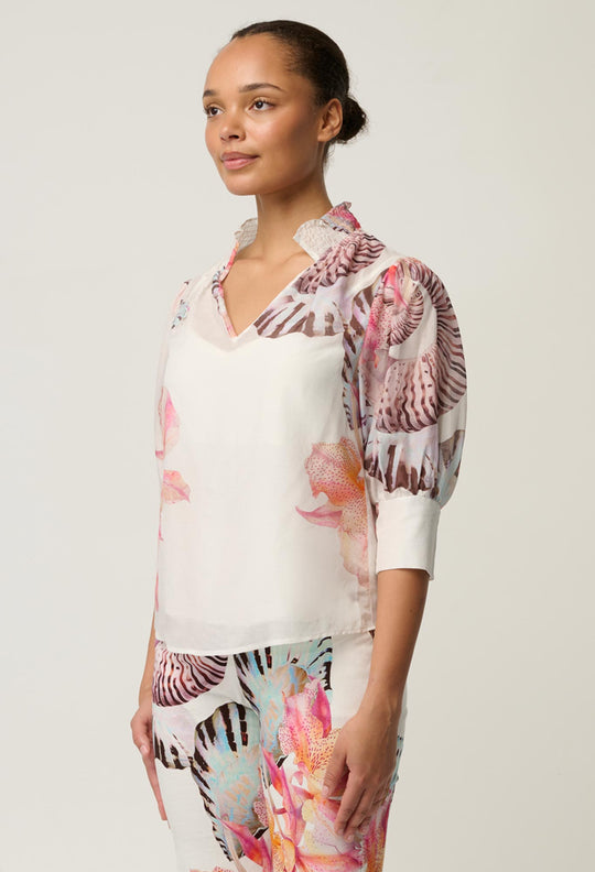 Oleander Cotton Silk Shirred Blouse in Nautilus Bloom