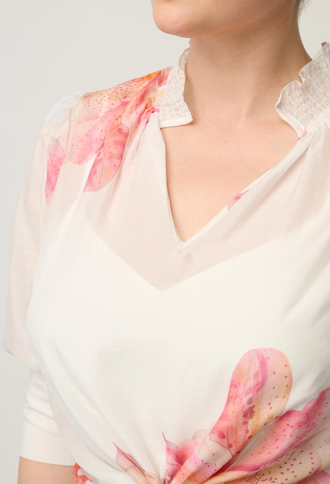 Oleander Cotton Silk Shirred Blouse in Nautilus Bloom