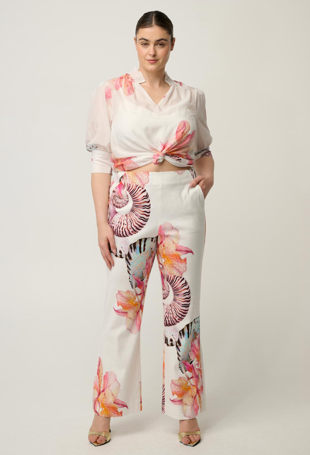 Oleander Cotton Silk Shirred Blouse in Nautilus Bloom