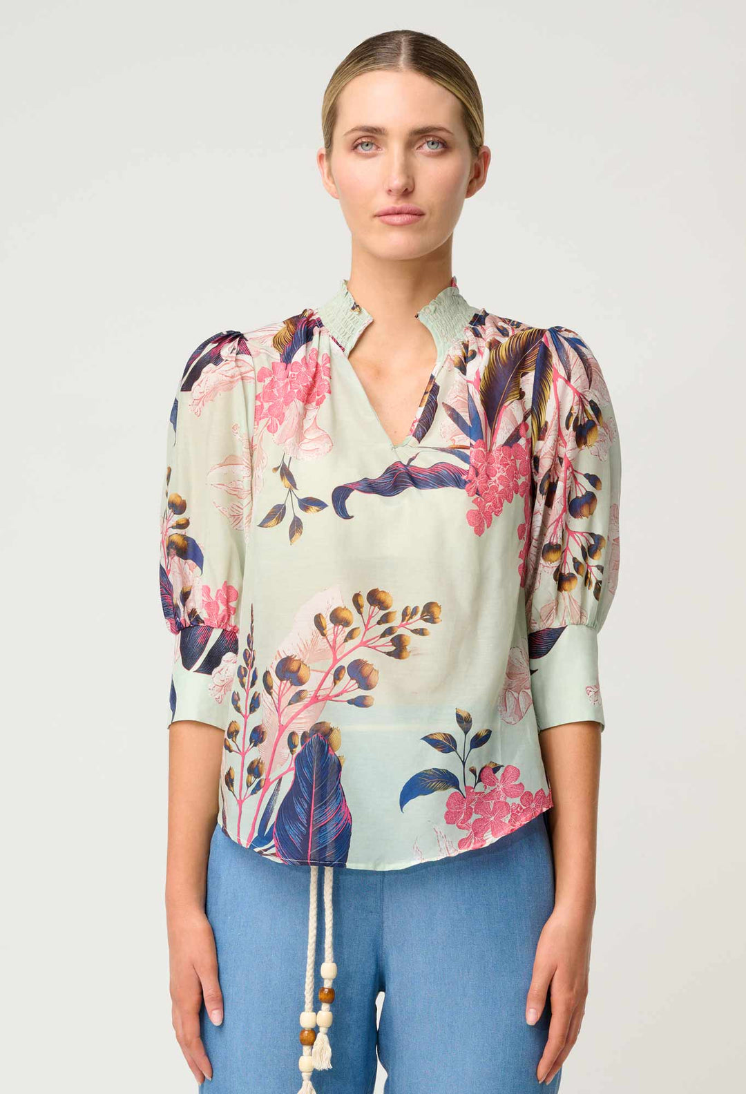 OnceWas Oleander Cotton Silk Blouse in Oasis Flora
