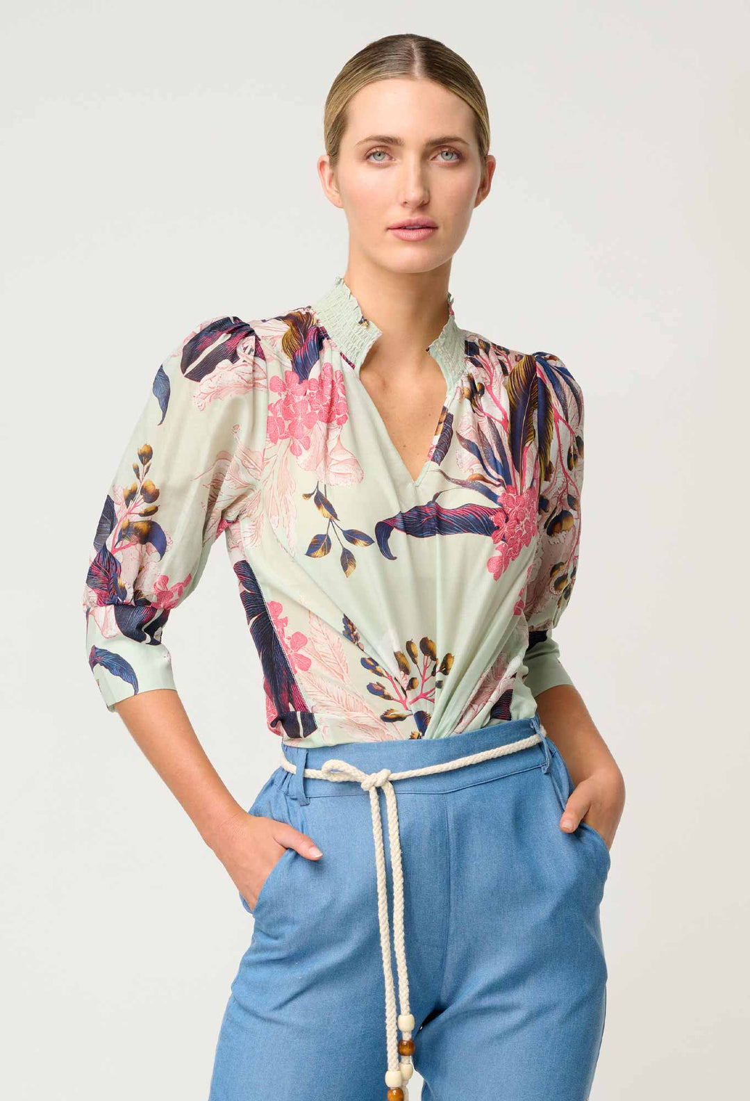 OnceWas Oleander Cotton Silk Blouse in Oasis Flora