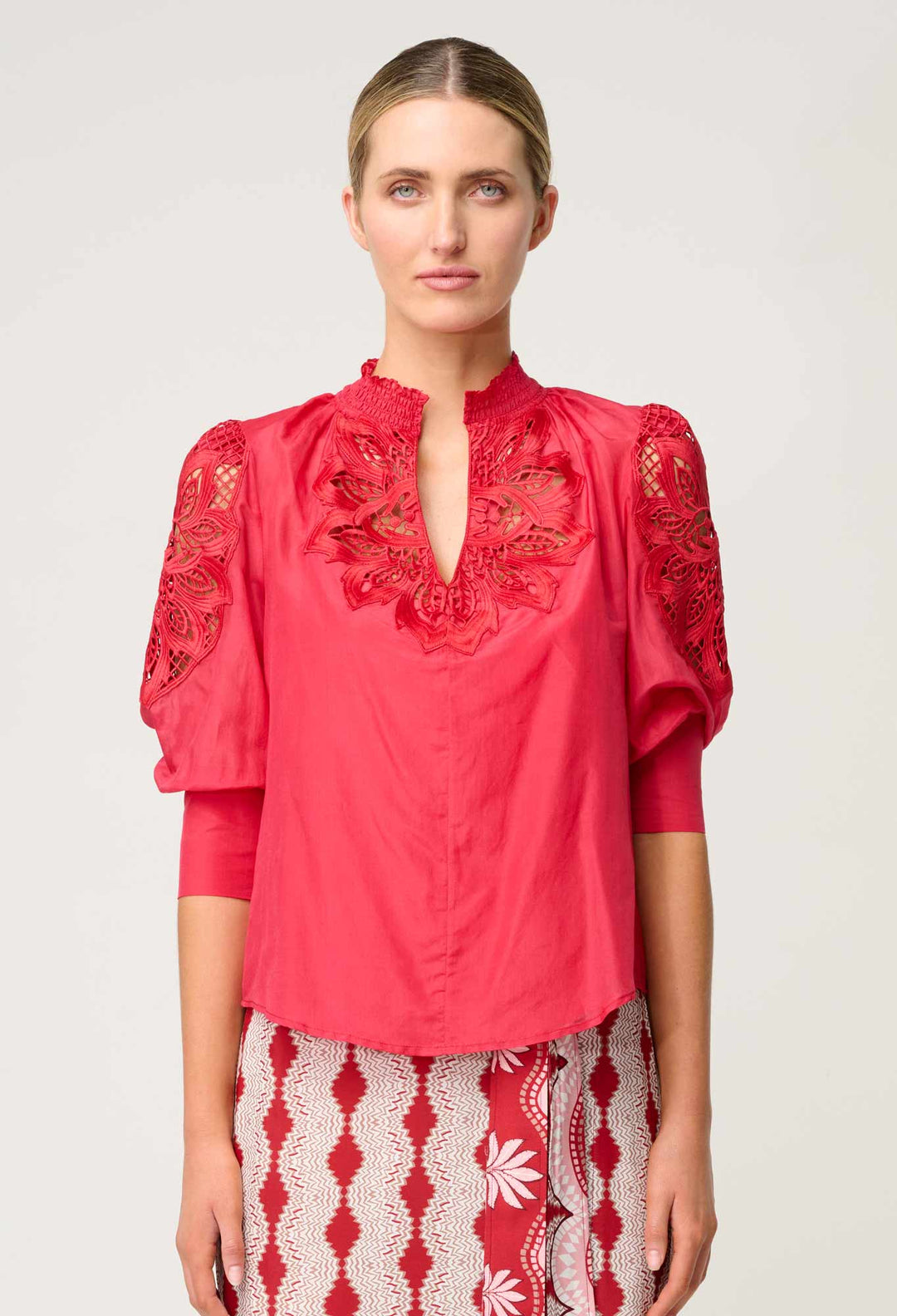 OnceWas Oleander Cotton Silk Blouse in Ruby